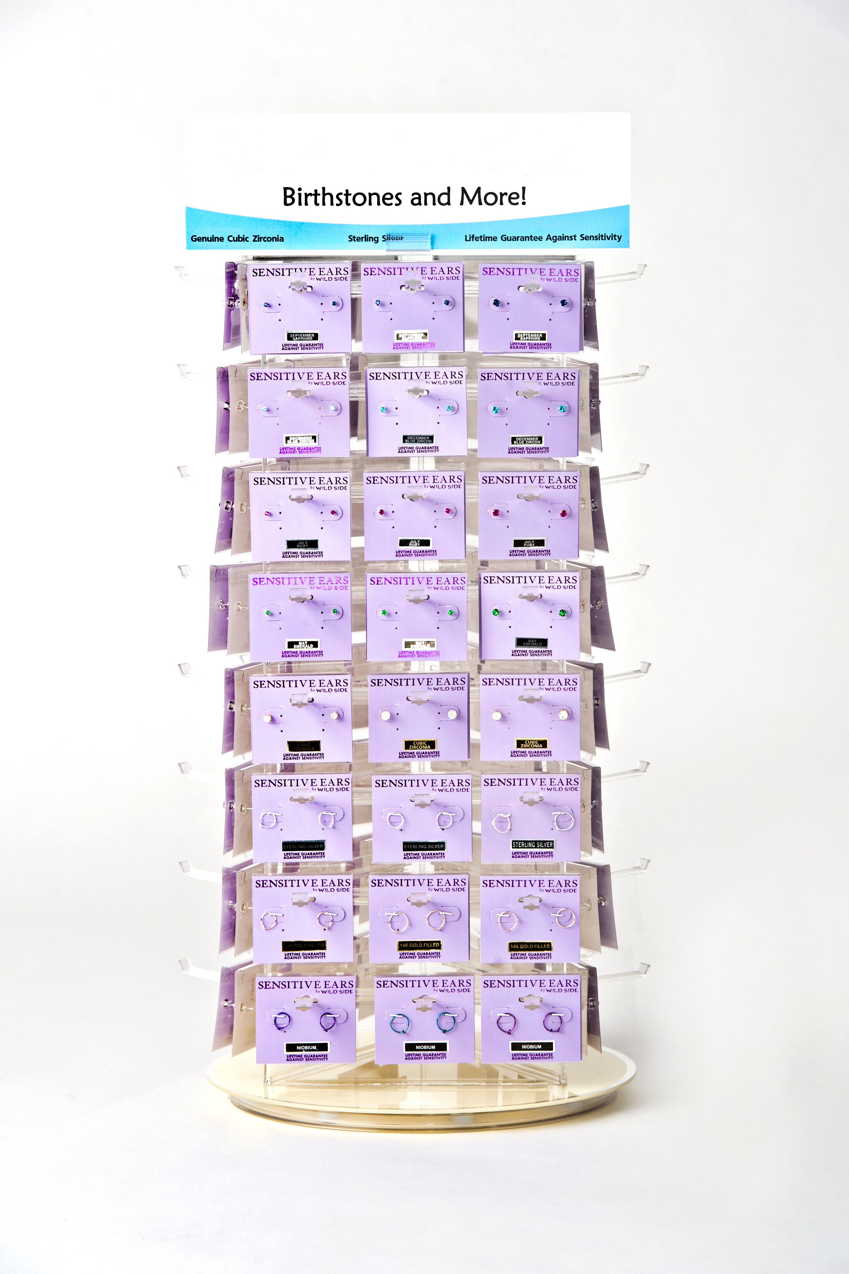 BIRTHSTONES/CZ STUDS/STARS/HEARTS/HOOPS - 3 Sided Spinner Display Birthstone Earrings